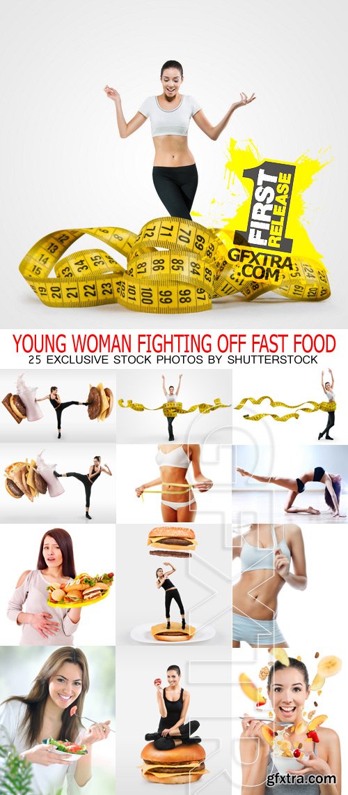 Young Woman Fighting off Fast Food 25xJPG