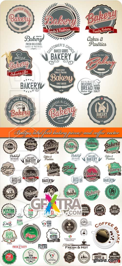 Badges label food bakery pizza and coffee vector