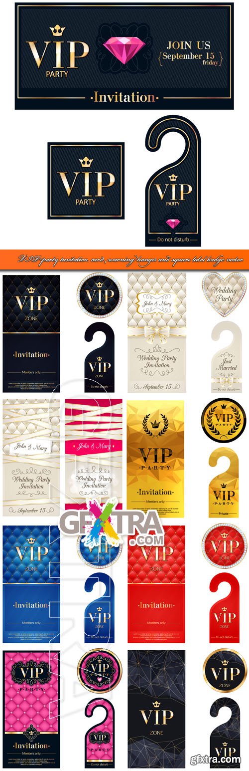 VIP party invitation card warning hanger and square label badge vector