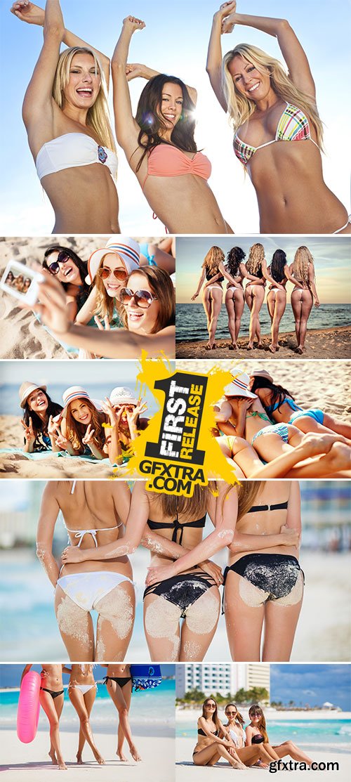 Stock Photos Group of young beautiful girls having fun at beach