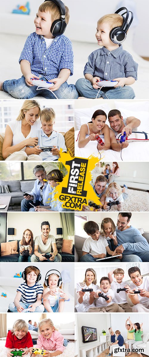 Stock Images Young family having fun playing videogames at home