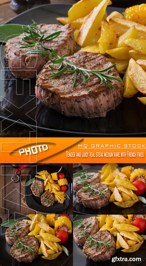 Stock Photo - Tender and juicy veal steak medium rare with French fries