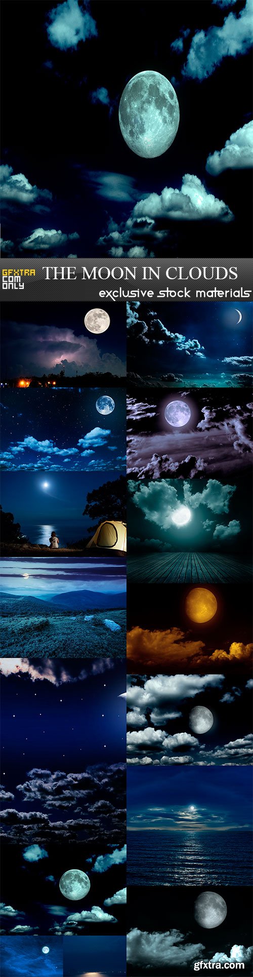 The moon in the night sky in clouds, 15 x UHQ JPEG