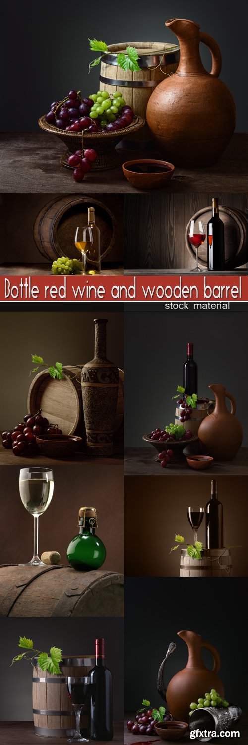 Bottle red wine and wooden barrel