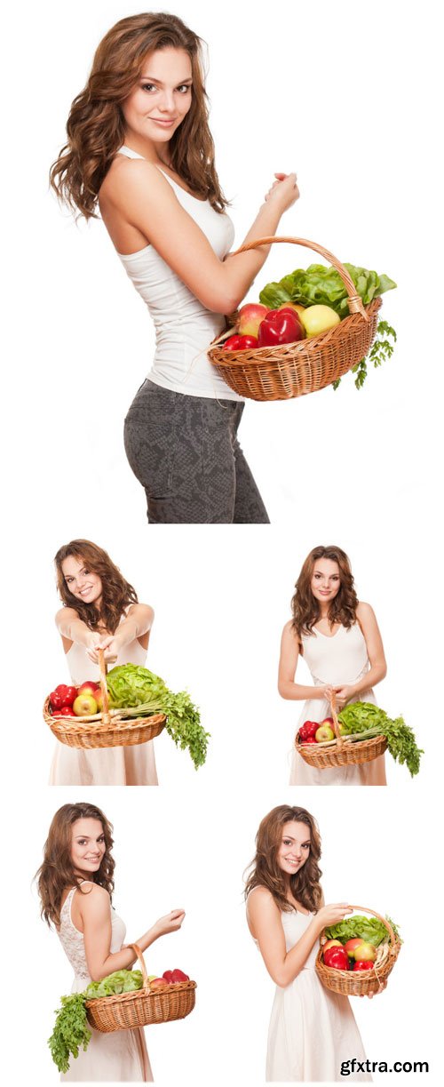 Girl with a basket of fresh vegetables, grocery stores