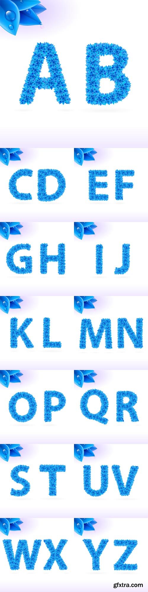 Vector Set - Sans Serif Font with Blue Leaf Decoration