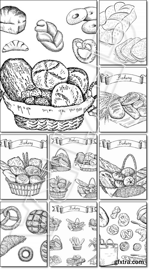 Bread. Buns. Baking. Bakery set, hand drawn bakery icons set - Vector