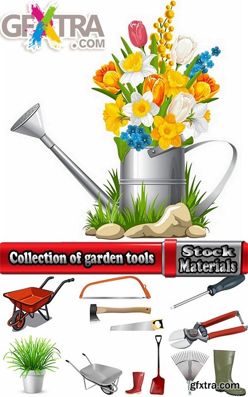 Collection of garden tools shovel rake fork wheelbarrow garden shears 25 EPS