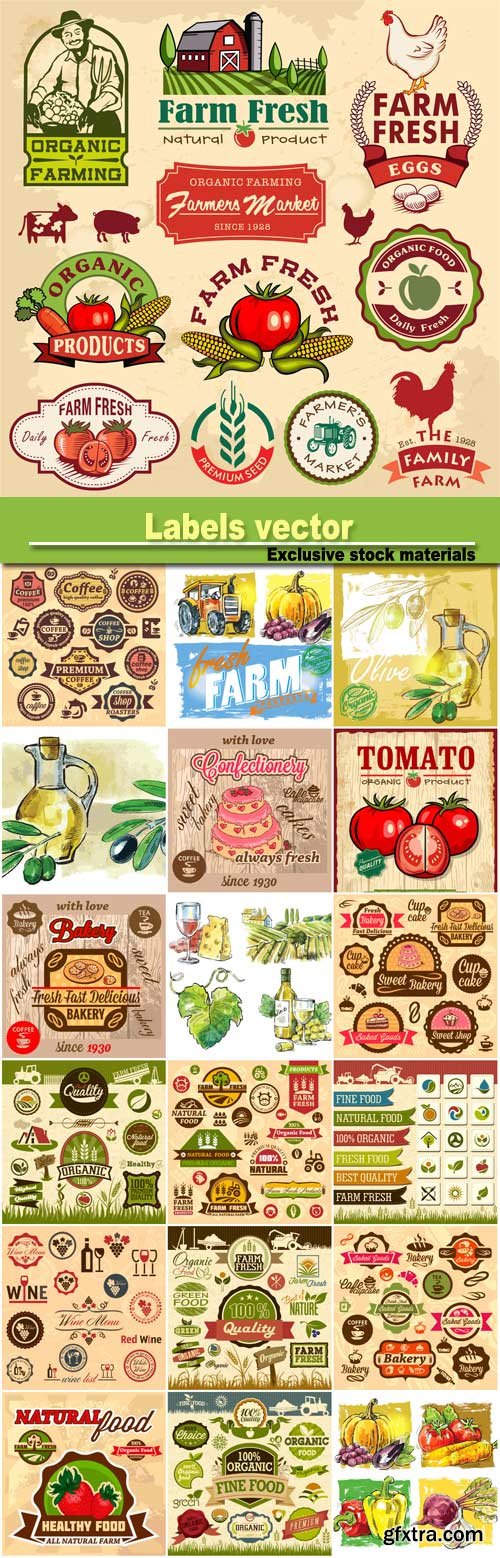 Labels vector, organic food, vegetables, cakes, coffee