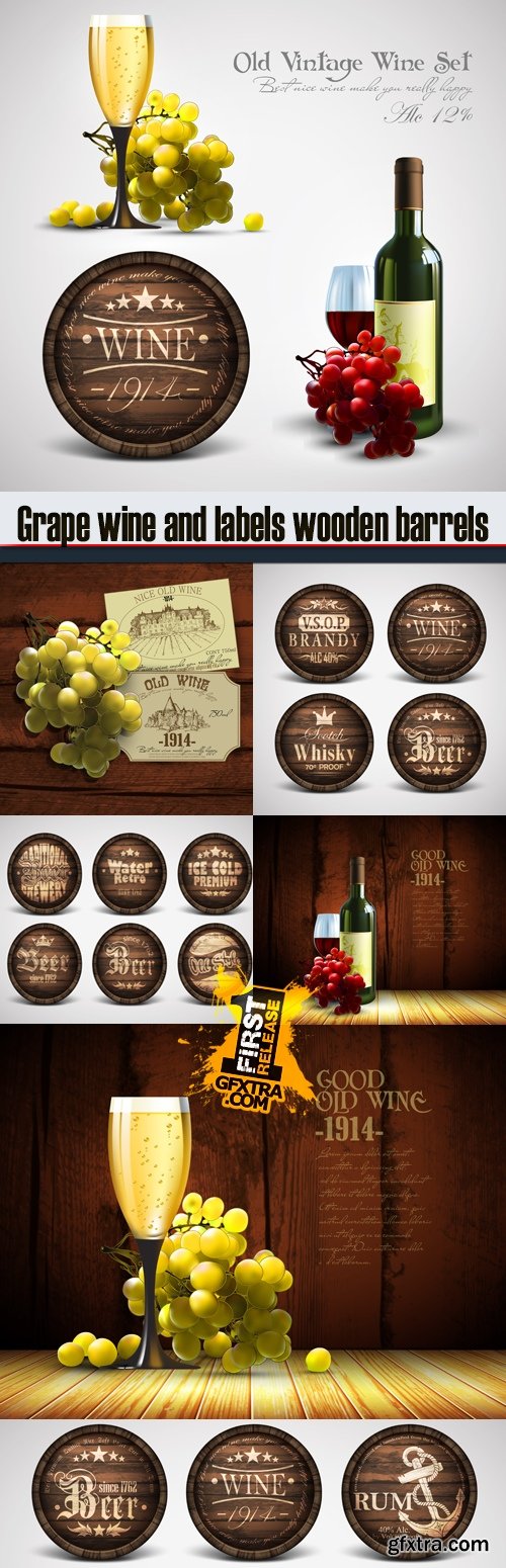 Grape wine and labels wooden barrels