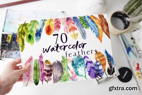 CreativeMarket - 70 watercolor feather PNG Files 728540