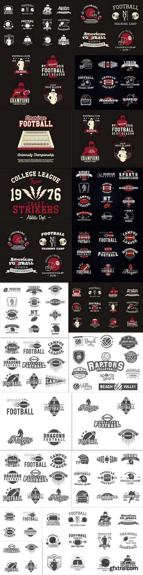 Set of American football, college labels, logos, badges
