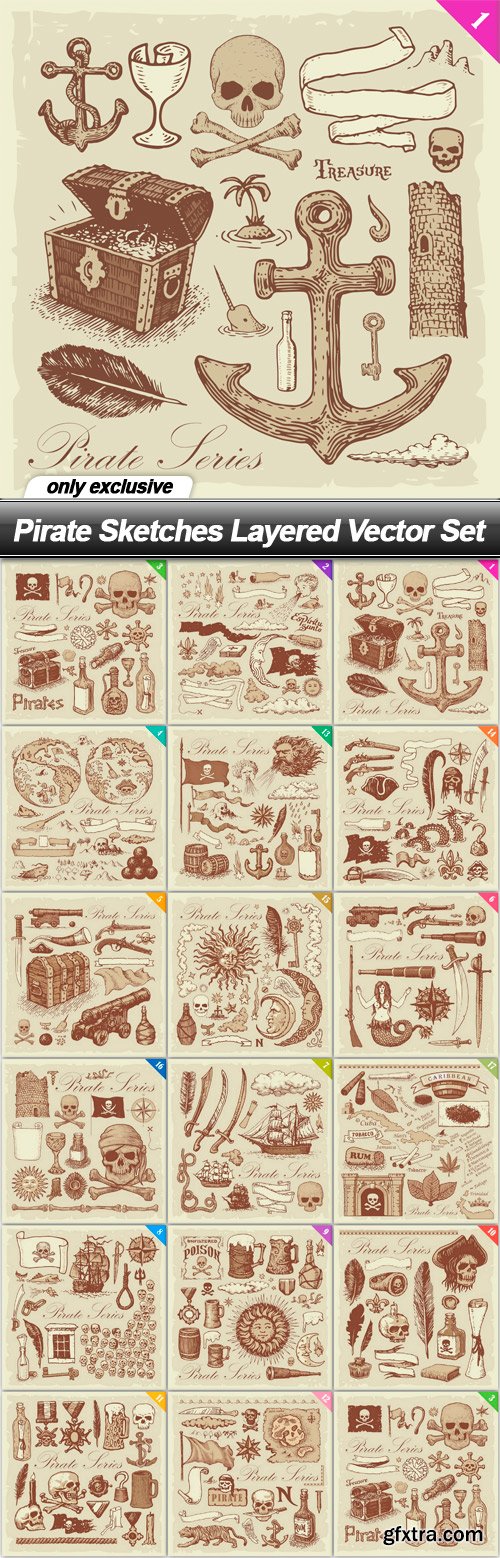 Pirate Sketches Layered Vector Set - 17 EPS