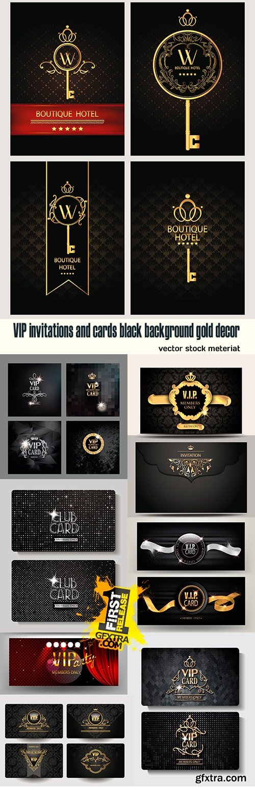 VIP invitations and cards black background gold decor