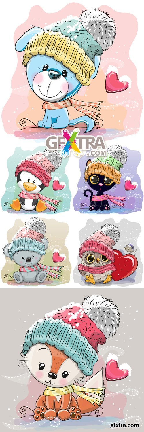 Cute Winter Animals Cards Vector