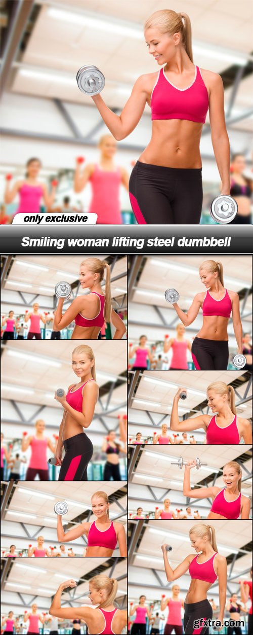 Smiling woman lifting steel dumbbell - 8 UHQ JPEG
