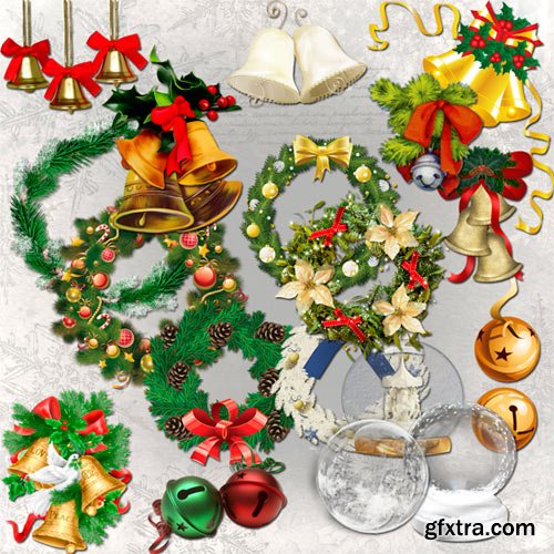 Christmas bells, wreaths and balls
