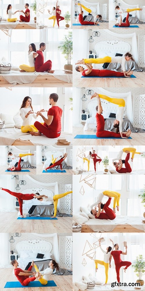 Man and woman practicing yoga, they trained at home 2