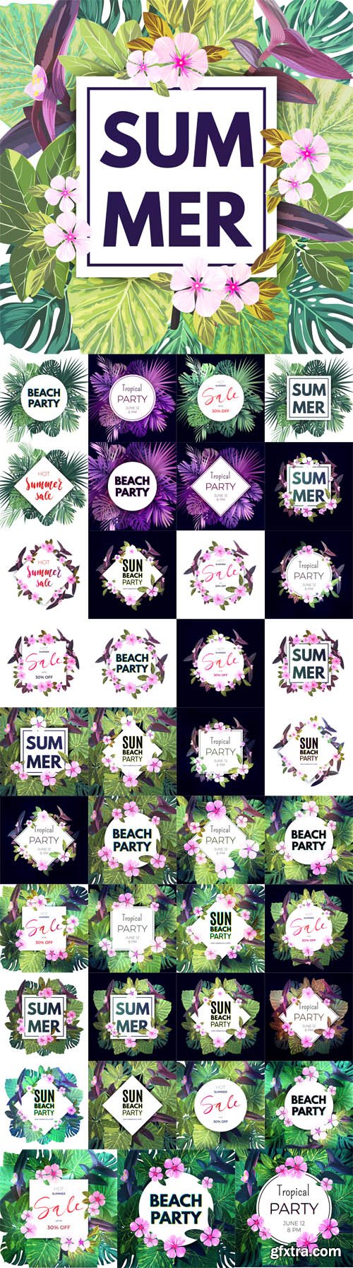Vector Set - Summer Hawaiian Flyers Design with Green Tropical Plants and Palm Leaves