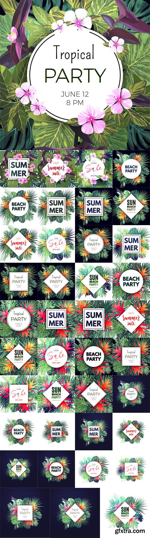 Vector Set - Summer Hawaiian Flyers Design with Green Tropical Plants and Palm Leaves 2