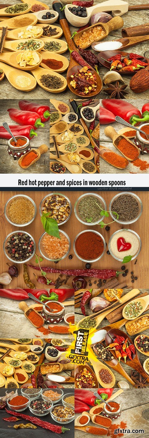 Red hot pepper and spices in wooden spoons