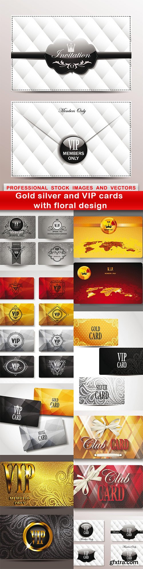 Gold silver and VIP cards with floral design - 9 EPS