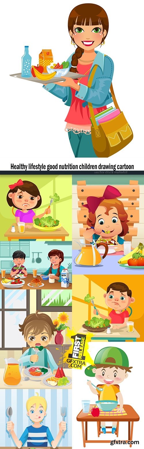 Healthy lifestyle good nutrition children drawing cartoon