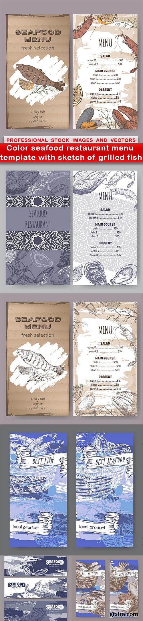 Color seafood restaurant menu template with sketch of grilled fish - 6 EPS