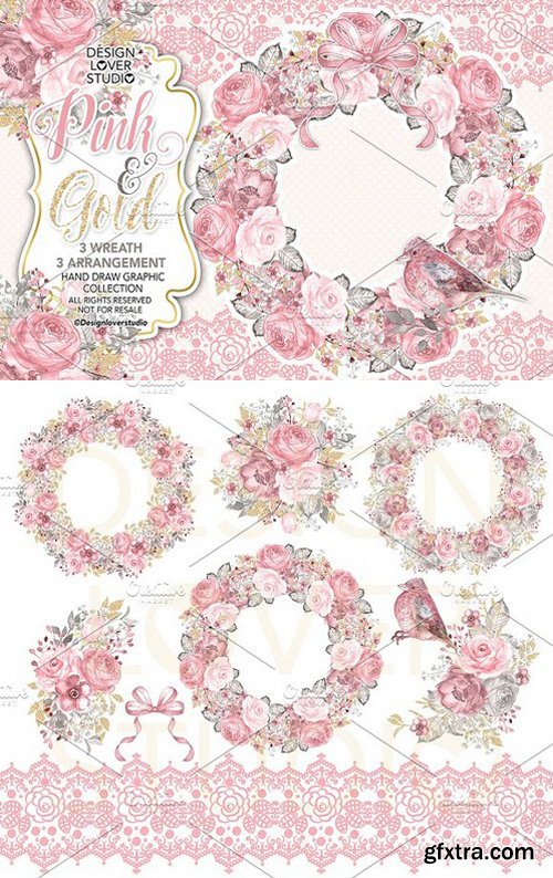 CM - Watercolor PINK and GOLD wreaths 1448327