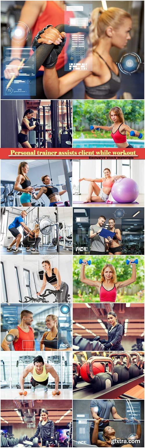 Personal trainer assists client while workout, fitness, sport
