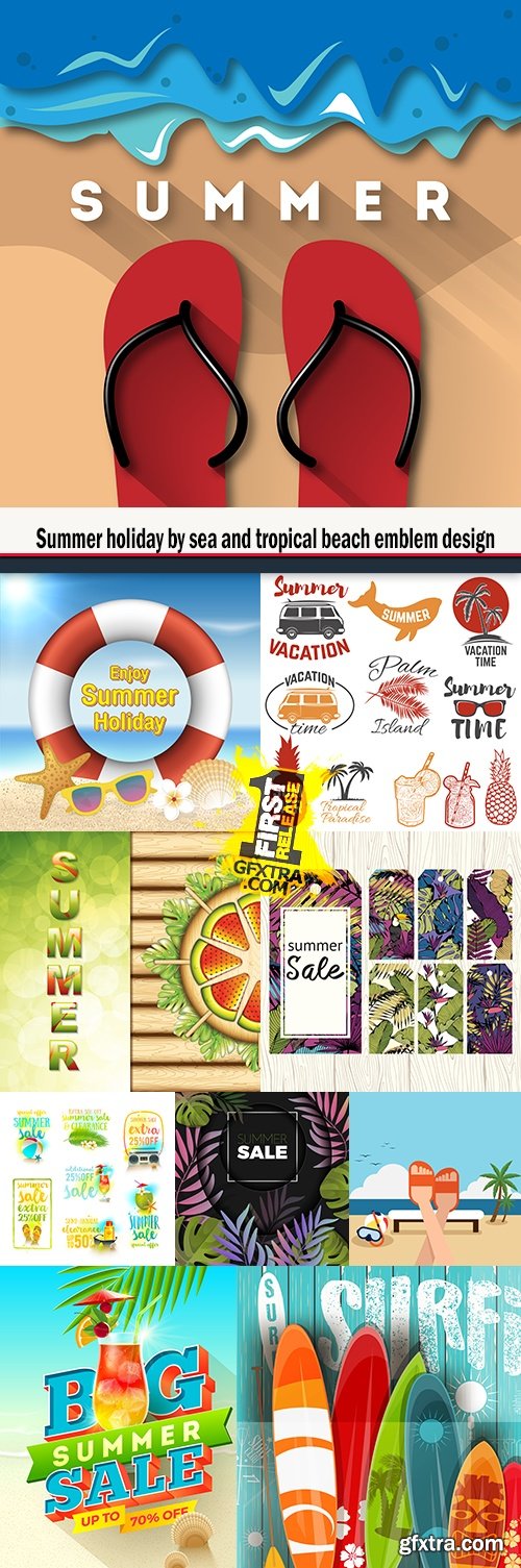 Summer holiday by sea and tropical beach emblem design