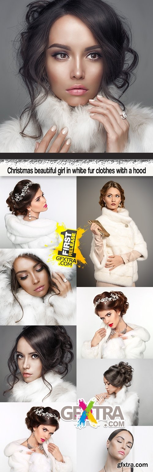 Christmas beautiful girl in white fur clothes with a hood
