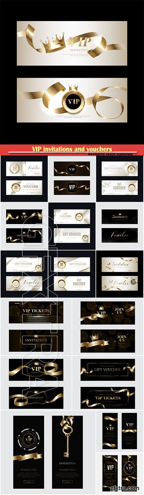 VIP invitations and vouchers with gold decor elements