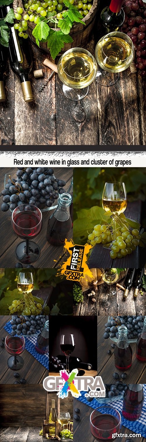 Red and white wine in glass and cluster of grapes