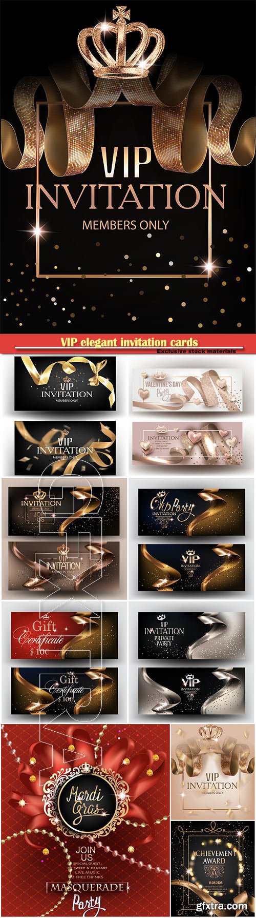 VIP elegant invitation cards with gold ribbons, pattern, crown and frame and gold dust