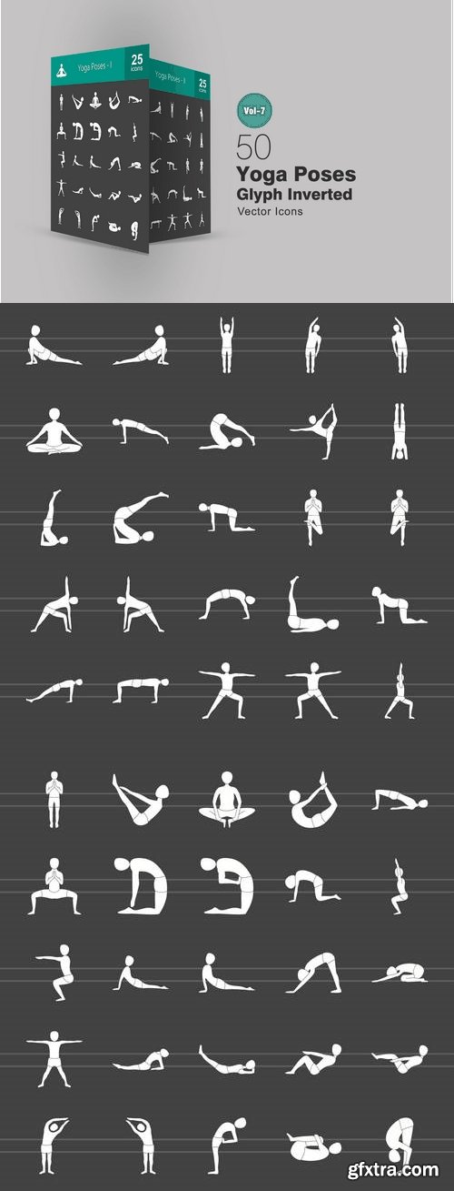 50 Yoga Poses Glyph Inverted Icons