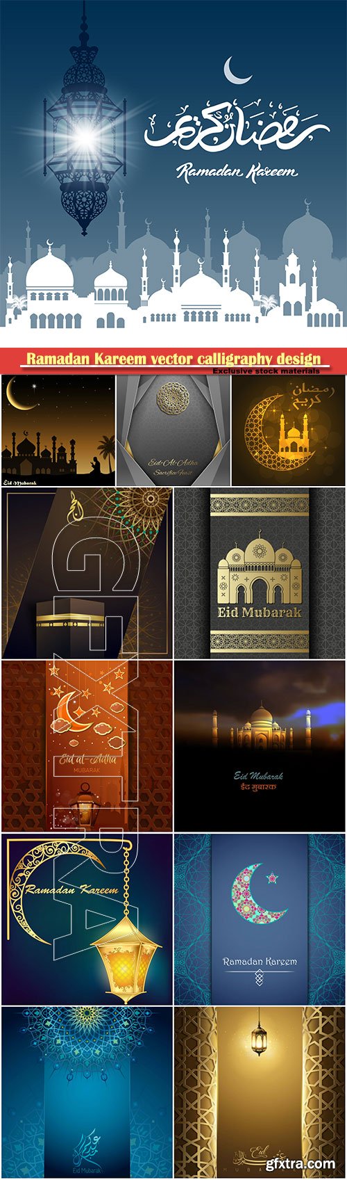 Ramadan Kareem vector calligraphy design with decorative floral pattern, mosque silhouette, crescent and glittering islamic background # 23
