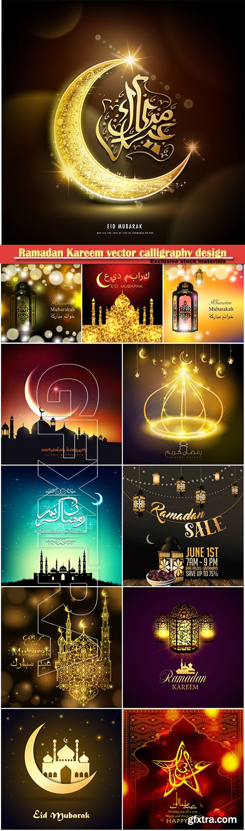 Ramadan Kareem vector calligraphy design with decorative floral pattern, mosque silhouette, crescent and glittering islamic background # 25