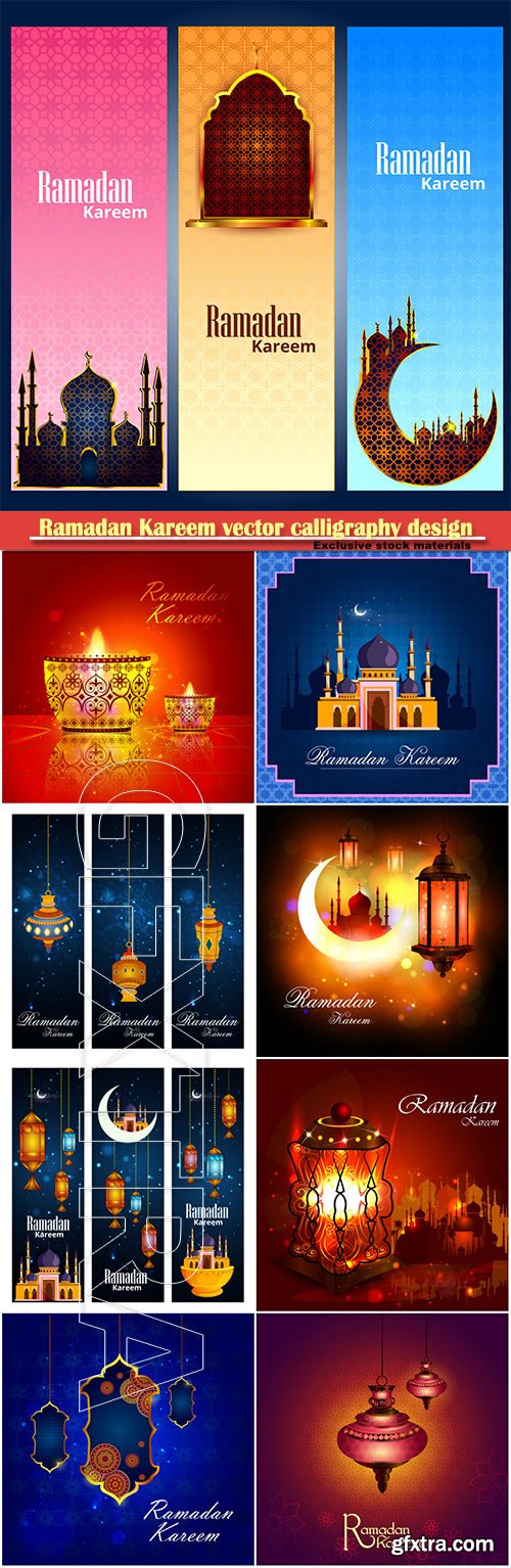 Ramadan Kareem vector calligraphy design with decorative floral pattern, mosque silhouette, crescent and glittering islamic background # 30