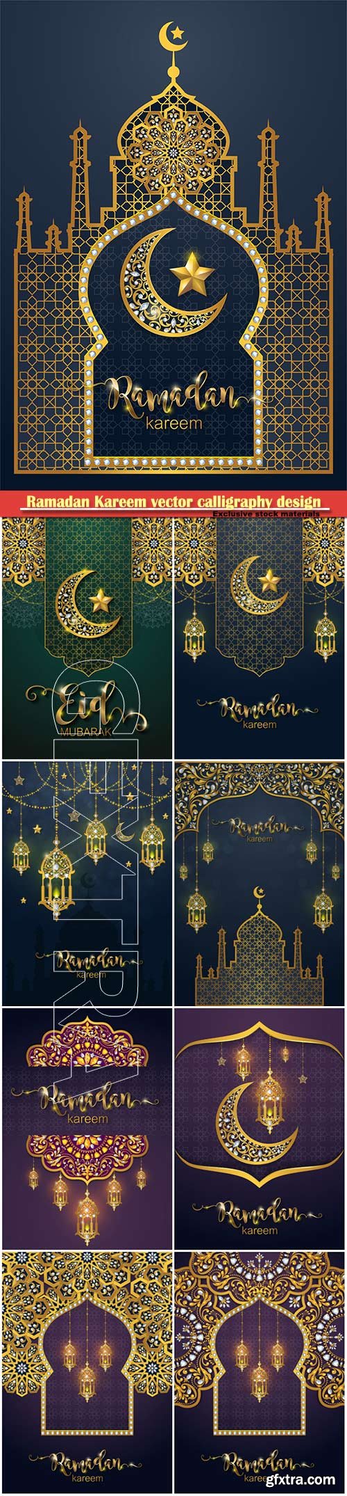 Ramadan Kareem vector calligraphy design with decorative floral pattern, mosque silhouette, crescent and glittering islamic background # 32
