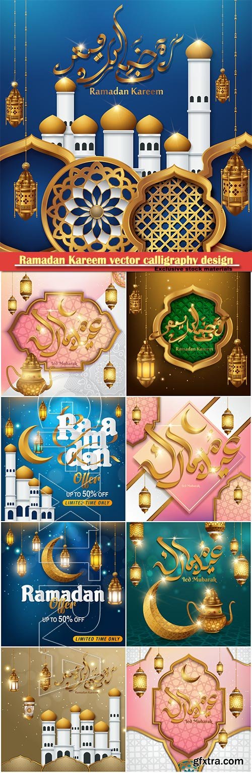 Ramadan Kareem vector calligraphy design with decorative floral pattern, mosque silhouette, crescent and glittering islamic background # 46