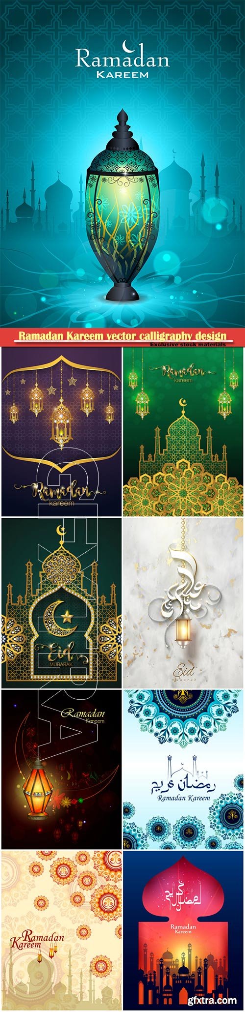 Ramadan Kareem vector calligraphy design with decorative floral pattern, mosque silhouette, crescent and glittering islamic background # 53
