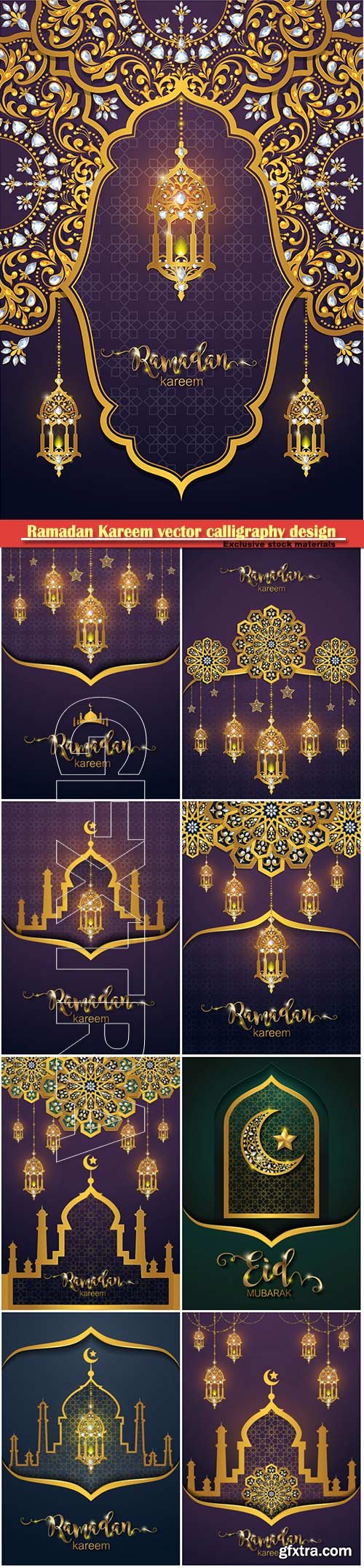 Ramadan Kareem vector calligraphy design with decorative floral pattern, mosque silhouette, crescent and glittering islamic background # 62