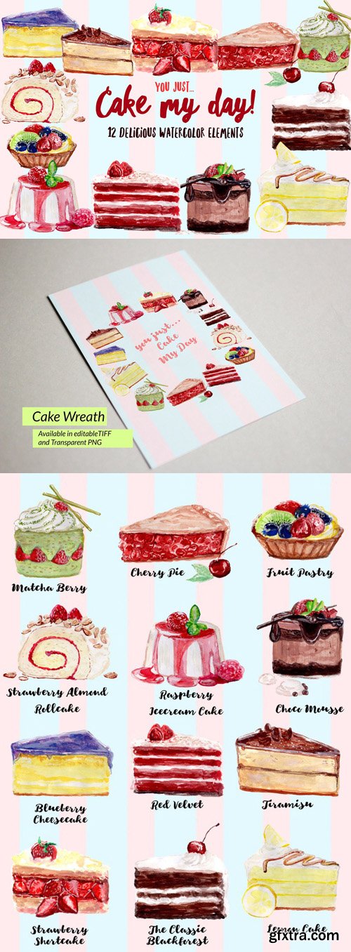 Cake My Day - 12 Watercolor Elements [PSD/PNG]