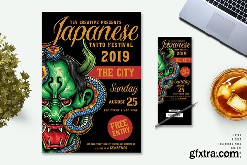 Oni Demon Japanese Vintage Tattoo Flyer