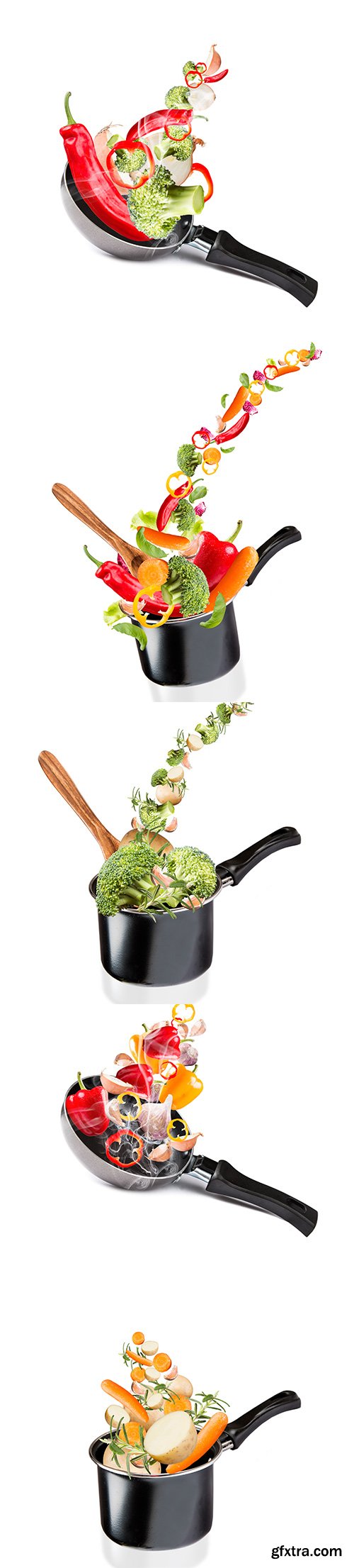 Frying Pan With Flying Vegetables Isolated - 9xJPGs