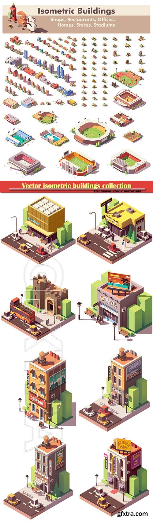 Vector isometric buildings collection, includes homes, offices, stadiums, shops, supermarkets, stores and restaurants