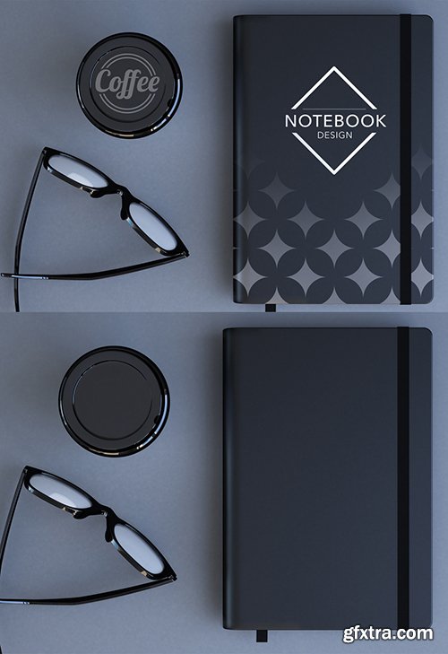 Top View Desk with a Notebook and Coffee Cup Mockup 256664569