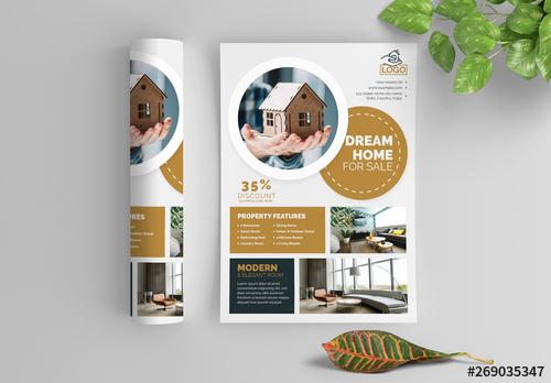 Business Flyer Layout with Circular Elements and Brown Accents - 269035347