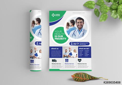 Green and Blue Medical Flyer Layout with Circular Elements - 269035408